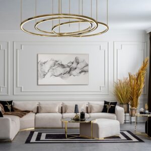 Collection Salon – Canapé d’Angle L Blanc et Or, Fauteuil et Console Table Dorée